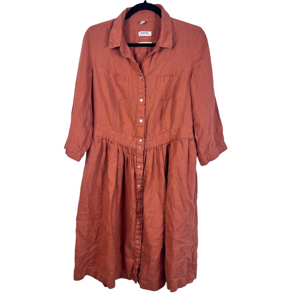MALVIN Hamburg‎ Germany Size L US 10 100% Linen Button Front Dress (N585)